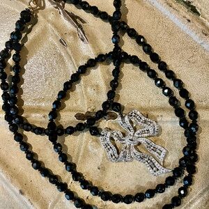 Long Boho Black Beaded Choker Necklace Double Strand Vintage Silver Bow Pendant
